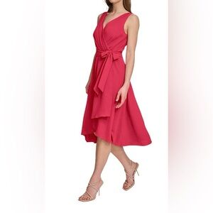 DKNY Women's Sleeveless V-Neck Coral Lipstick Midi Dress